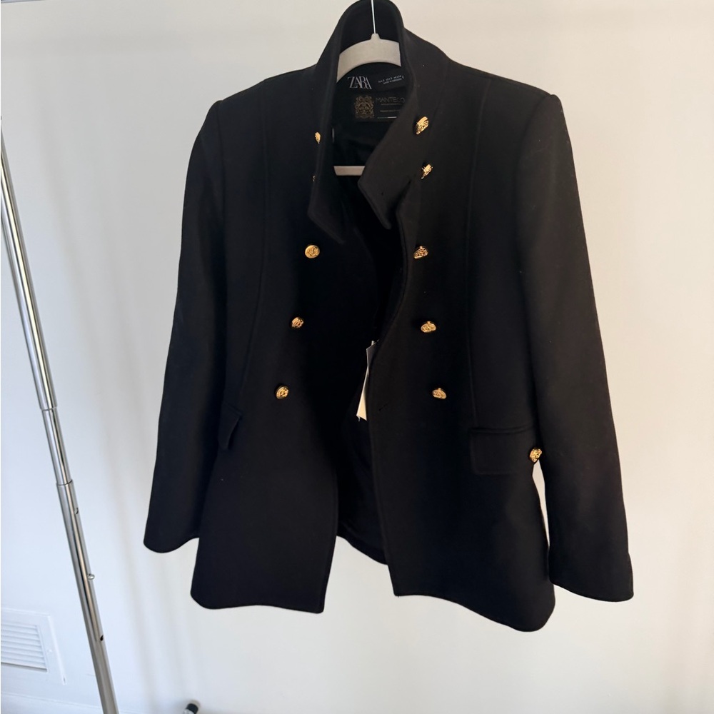 NWT Zara Black Wool Coat with Gold Accents